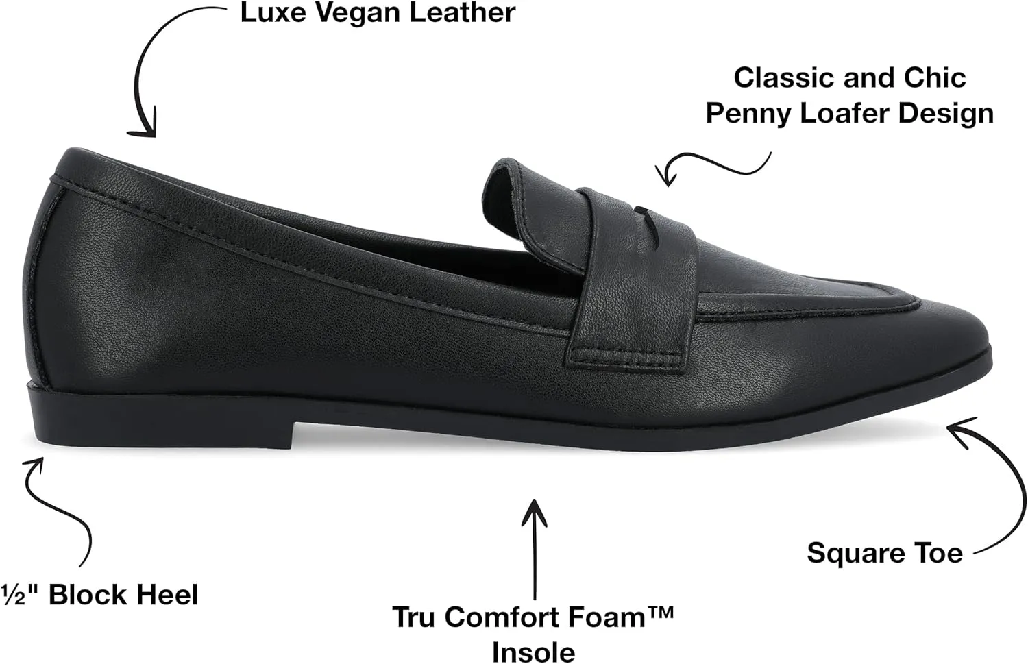 Journee Collection Womens Myeesha Penny Loafer Flat Slip On Square Toe Block Heel Leather Dress Shoe