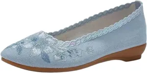 JYHBHMZG Flower Embroider Women Cotton Fabric Shoes Summer Runway Shoe Ladies Ethnic Sequins Slip-On Pointed Toe Loafers