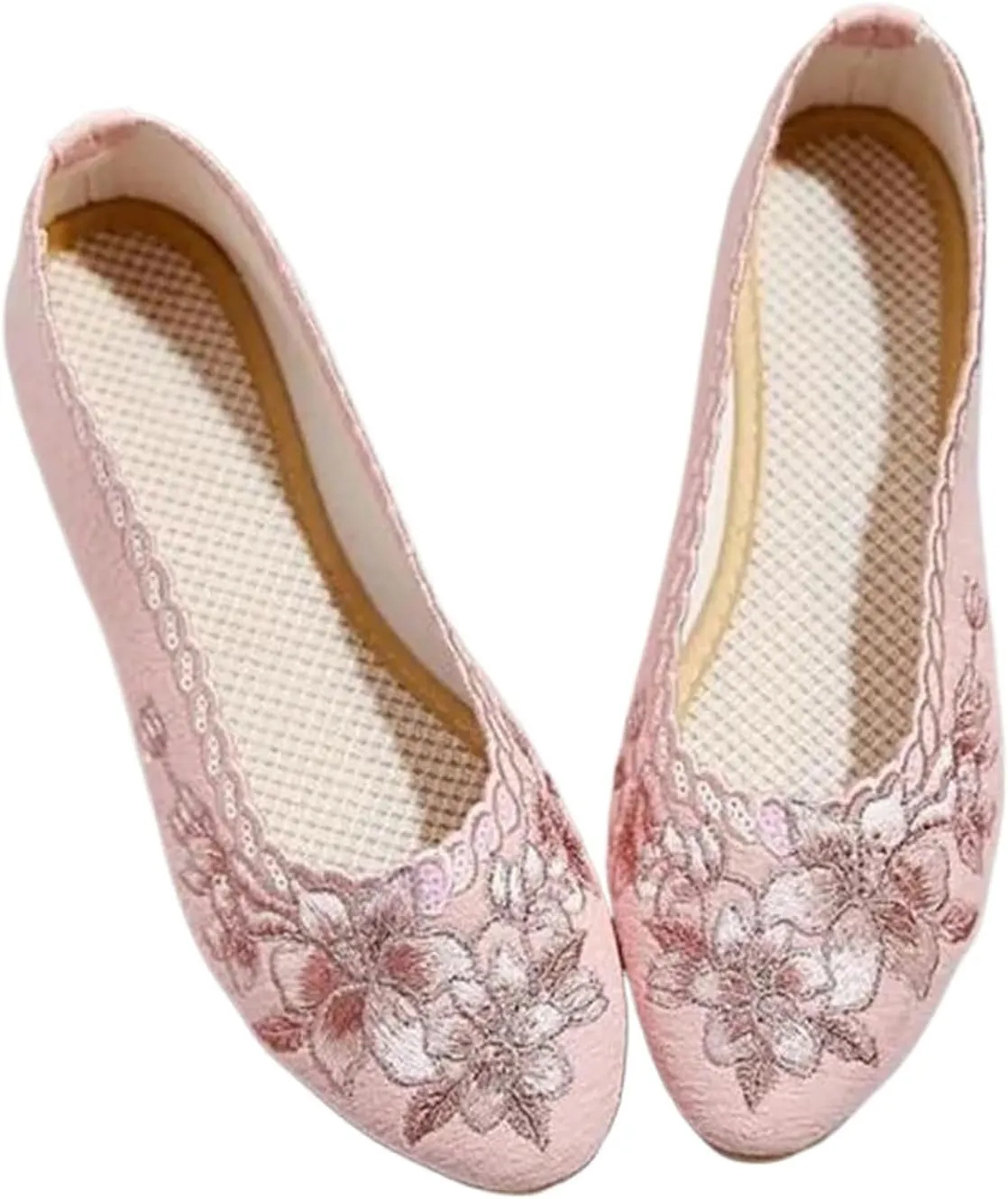 JYHBHMZG Flower Embroider Women Cotton Fabric Shoes Summer Runway Shoe Ladies Ethnic Sequins Slip-On Pointed Toe Loafers