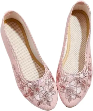 JYHBHMZG Flower Embroider Women Cotton Fabric Shoes Summer Runway Shoe Ladies Ethnic Sequins Slip-On Pointed Toe Loafers