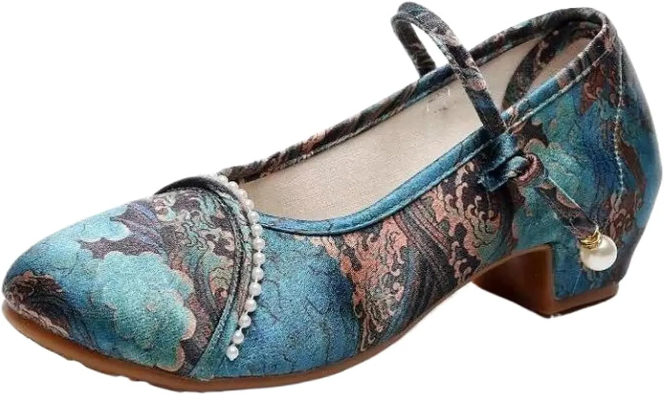 JYHBHMZG Ladies Embroidered Mid Heel Dress Shoe Ankle Button Strap Pumps for Women Summer Autumn Round Toe Fabric Shoes