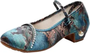 JYHBHMZG Ladies Embroidered Mid Heel Dress Shoe Ankle Button Strap Pumps for Women Summer Autumn Round Toe Fabric Shoes