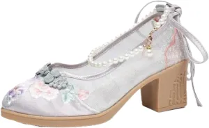 JYHBHMZG Women Embroidered Ankle Strap Mid Heel Shoes Ladies Summer Spring Ethnic Style Pumps with Traditional Button