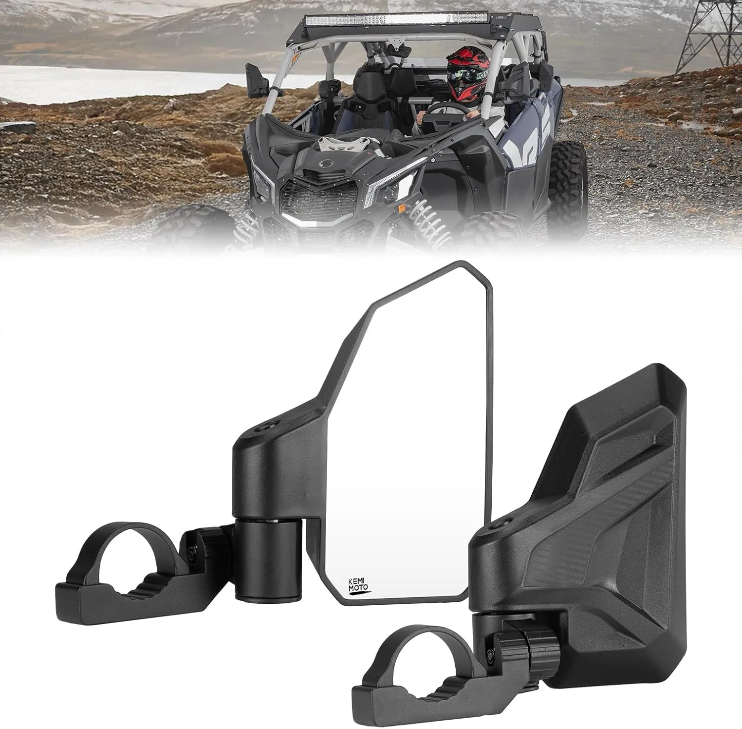 KEMIMOTO UTV Side Mirrors, Spring Back Feature Mirrors for 1.65"-2.0" Roll Cage, No Need to Readjust After Fold, Compatible with Polaris RZR/Can Am X3/Pioneer/Talon/Mule/CFMOTO