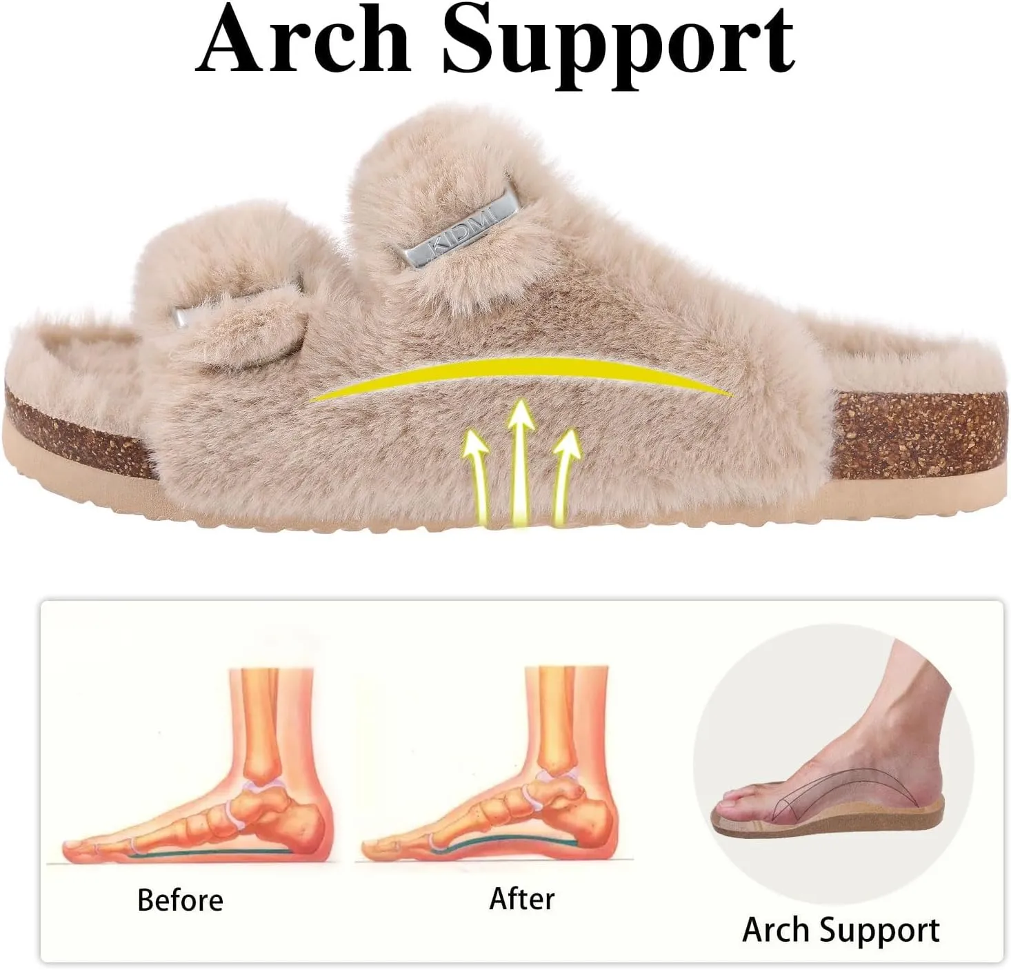 KIDMI Fuzzy Slippers Women with Cork Footbed Fluffy Slides Open Toe Indoor House Shoes | Arch Support | Adjustable Buckles
