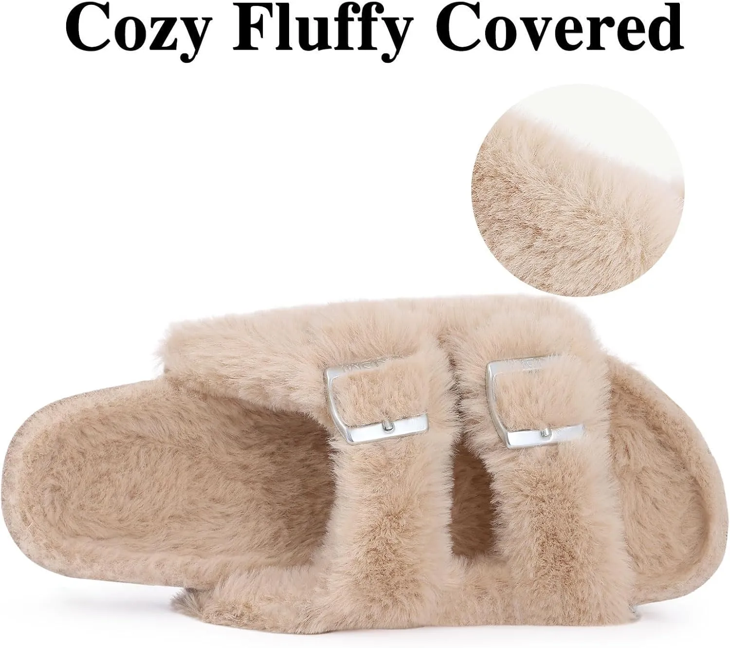 KIDMI Fuzzy Slippers Women with Cork Footbed Fluffy Slides Open Toe Indoor House Shoes | Arch Support | Adjustable Buckles