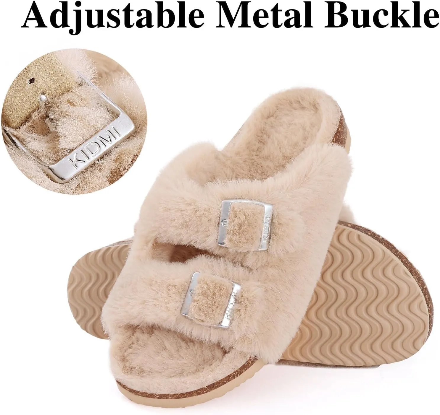 KIDMI Fuzzy Slippers Women with Cork Footbed Fluffy Slides Open Toe Indoor House Shoes | Arch Support | Adjustable Buckles