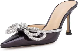 LauraVicci Women High Heeled Mules Pointed Toe Crystal Rhinestones Bow Sandals Stiletto Backless Slip on Summer Bridal Shoes Black Size 11