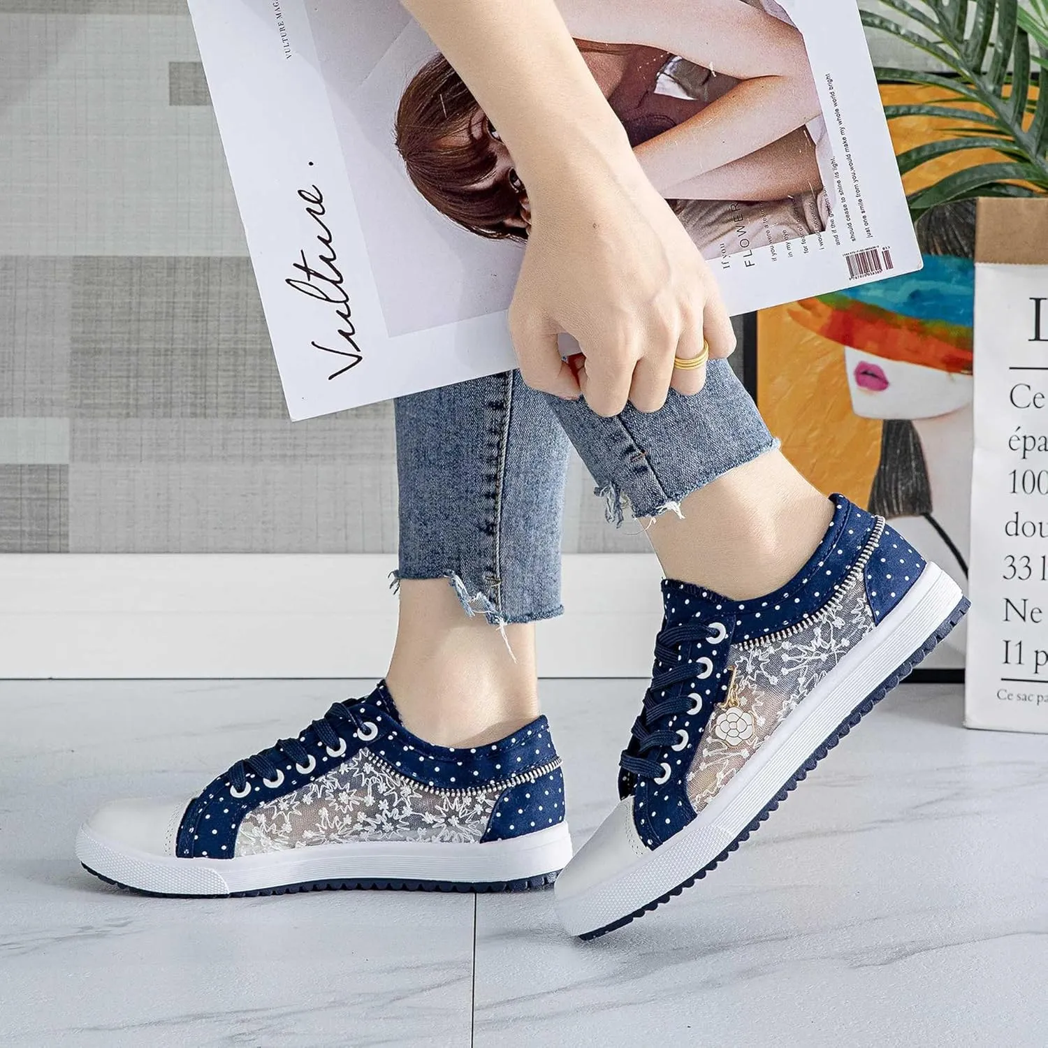 Light Blue Women's Floral Mesh Sneakers - Lace-Up Low Tops with Rhinestone Accents, Casual Shoes, Synthetic Cover Sole