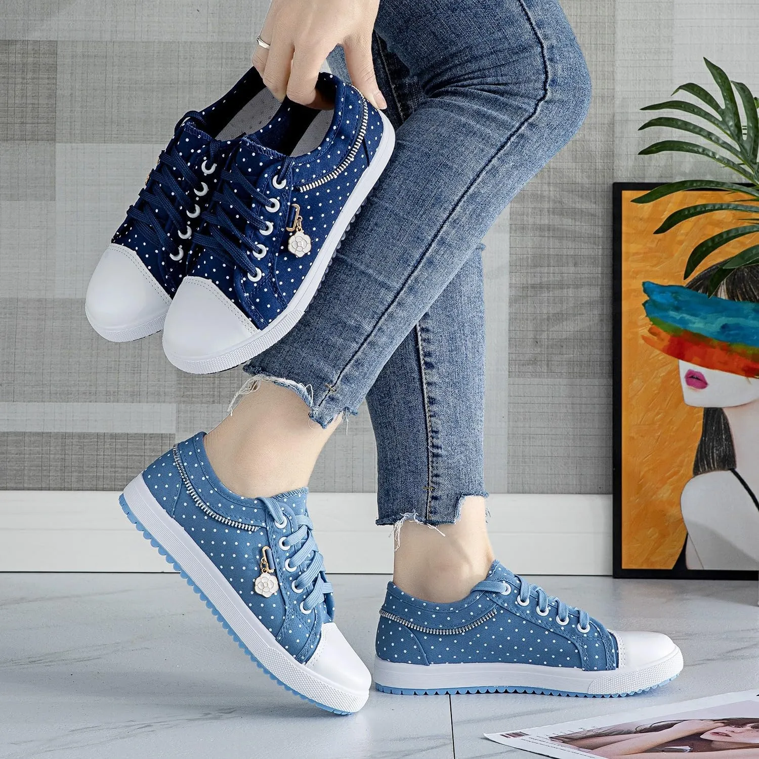 Light Blue Women's Floral Mesh Sneakers - Lace-Up Low Tops with Rhinestone Accents, Casual Shoes, Synthetic Cover Sole