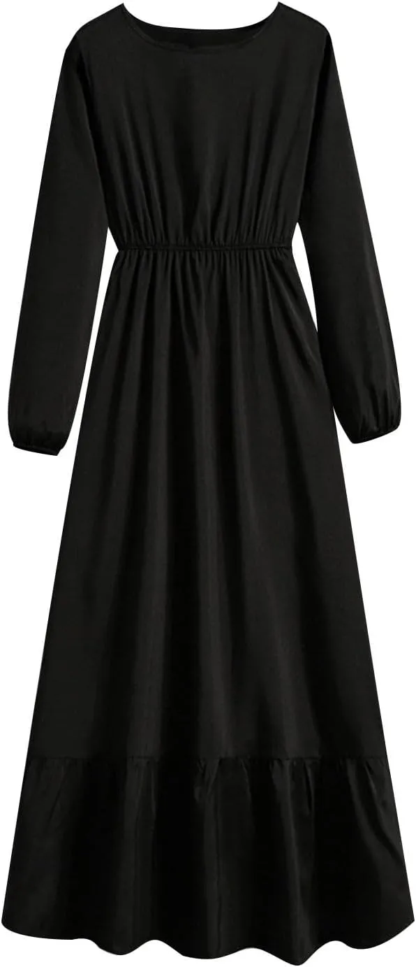 Long Dresses for Women Fall Fashion Long Sleeve Elastic Waist Tiered Ruffle Maxi Dress Causal Crewneck Party Dresses