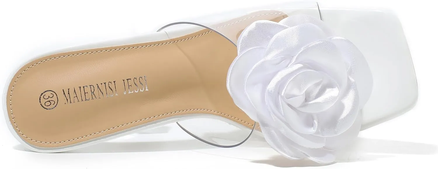 MAIERNISI JESSI Women Flowers High Heels Mules Sandals Square Toe Slip on Dress Bridal Wedding Sandals