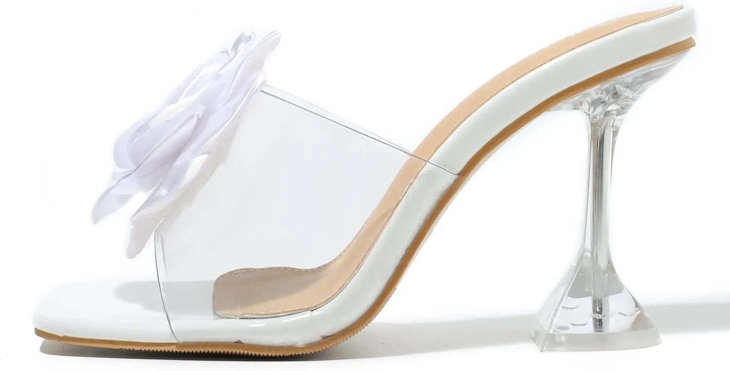 MAIERNISI JESSI Women Flowers High Heels Mules Sandals Square Toe Slip on Dress Bridal Wedding Sandals