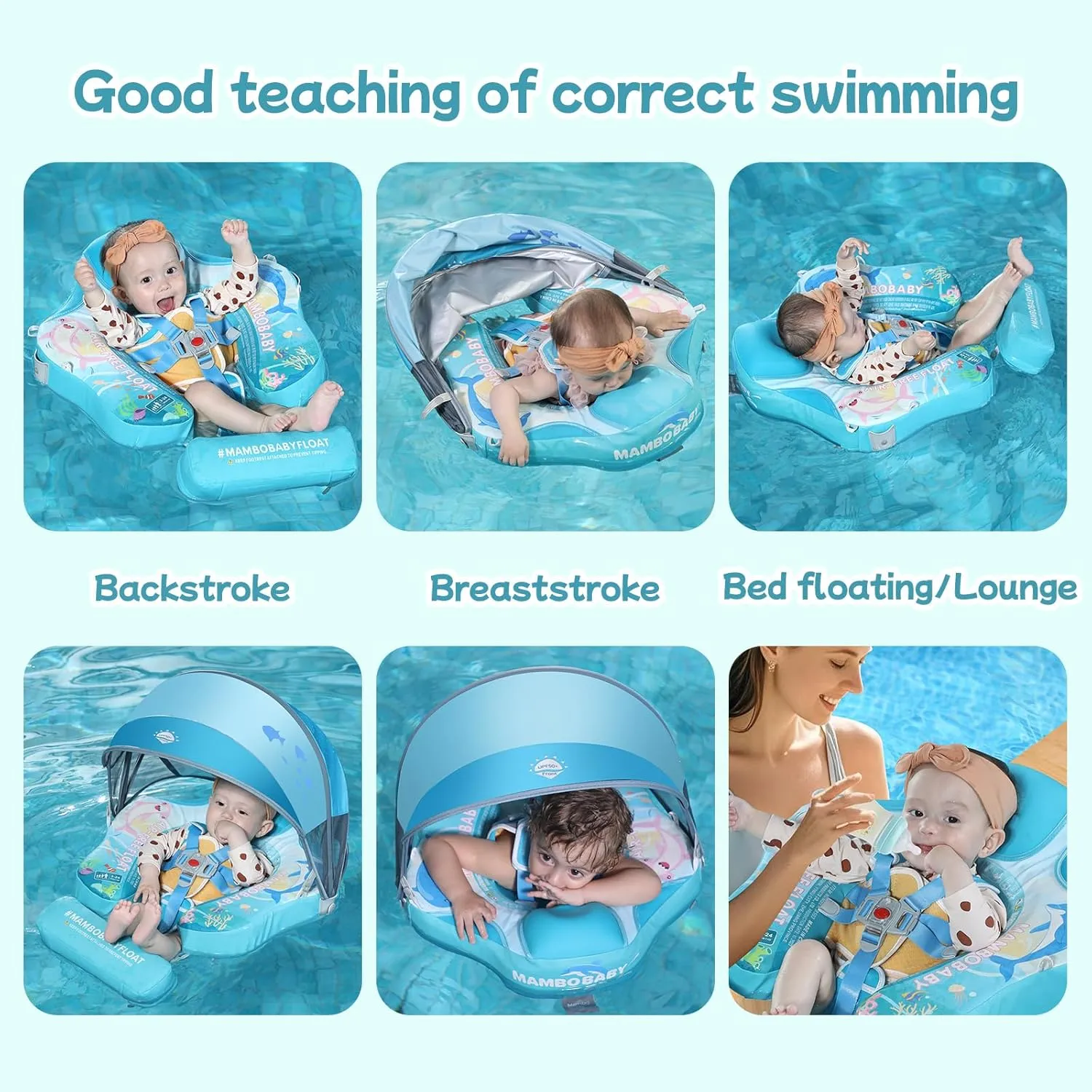 Mambobaby Float with Canopy & Portable Backpack Skin-friendly Baby Swim Float with Tail Waterproof Non-Inflatable Mambo Float Smart Swim Trainer Soft Solid Infant Pool Float 3-24 months Baby Swim Ring
