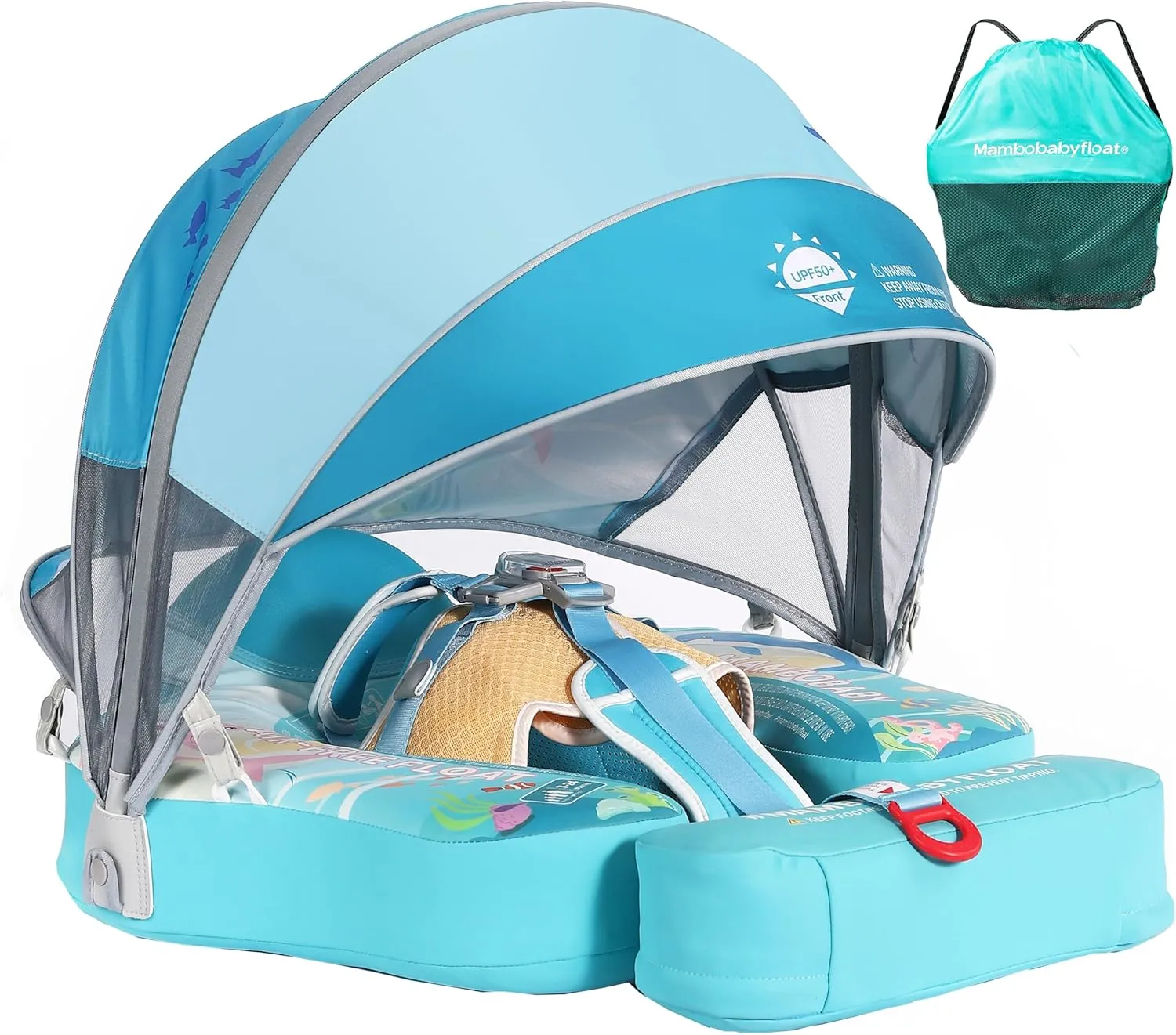 Mambobaby Float with Canopy & Portable Backpack Skin-friendly Baby Swim Float with Tail Waterproof Non-Inflatable Mambo Float Smart Swim Trainer Soft Solid Infant Pool Float 3-24 months Baby Swim Ring