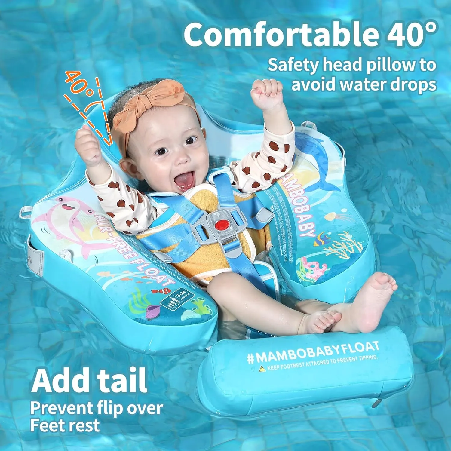 Mambobaby Float with Canopy & Portable Backpack Skin-friendly Baby Swim Float with Tail Waterproof Non-Inflatable Mambo Float Smart Swim Trainer Soft Solid Infant Pool Float 3-24 months Baby Swim Ring
