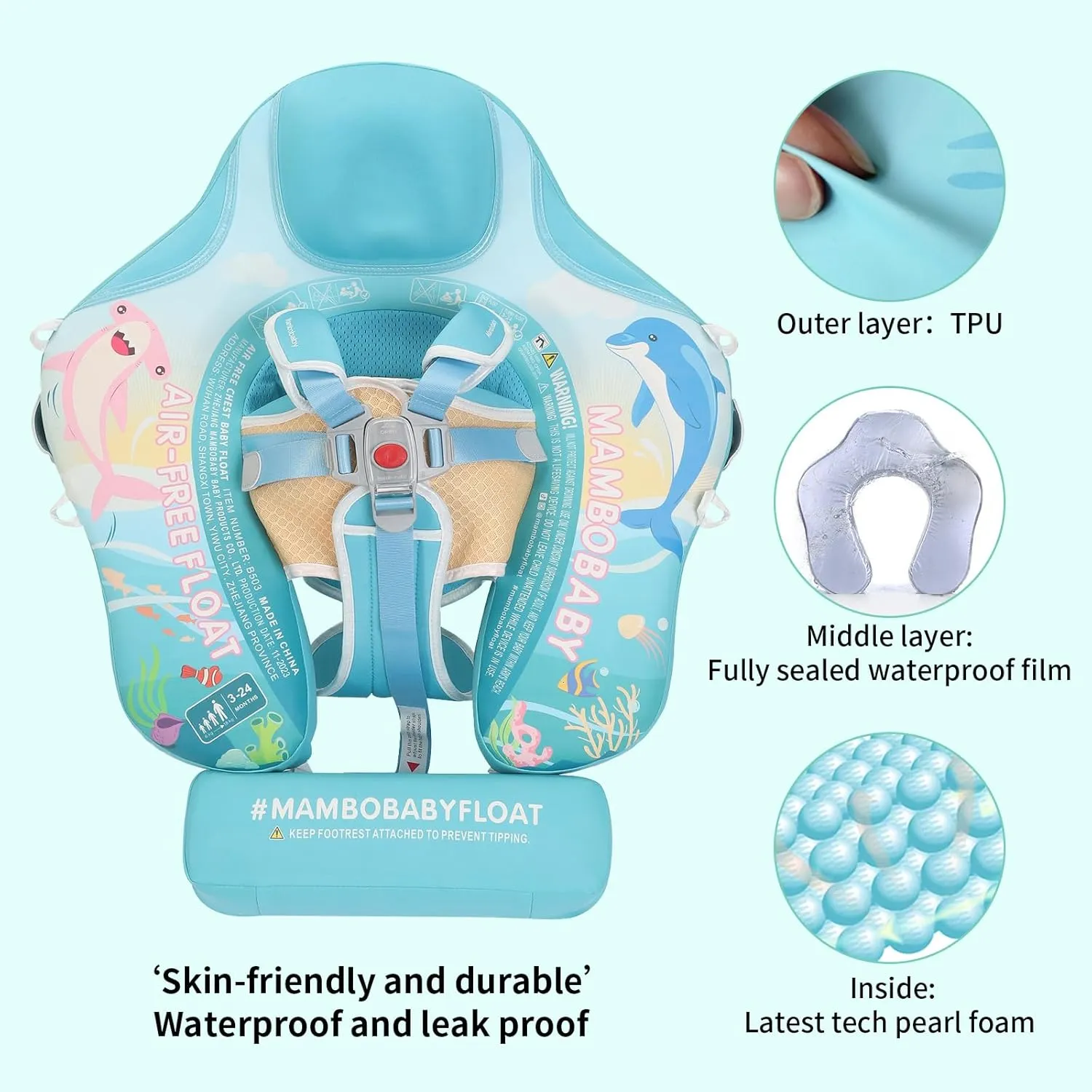 Mambobaby Float with Canopy & Portable Backpack Skin-friendly Baby Swim Float with Tail Waterproof Non-Inflatable Mambo Float Smart Swim Trainer Soft Solid Infant Pool Float 3-24 months Baby Swim Ring