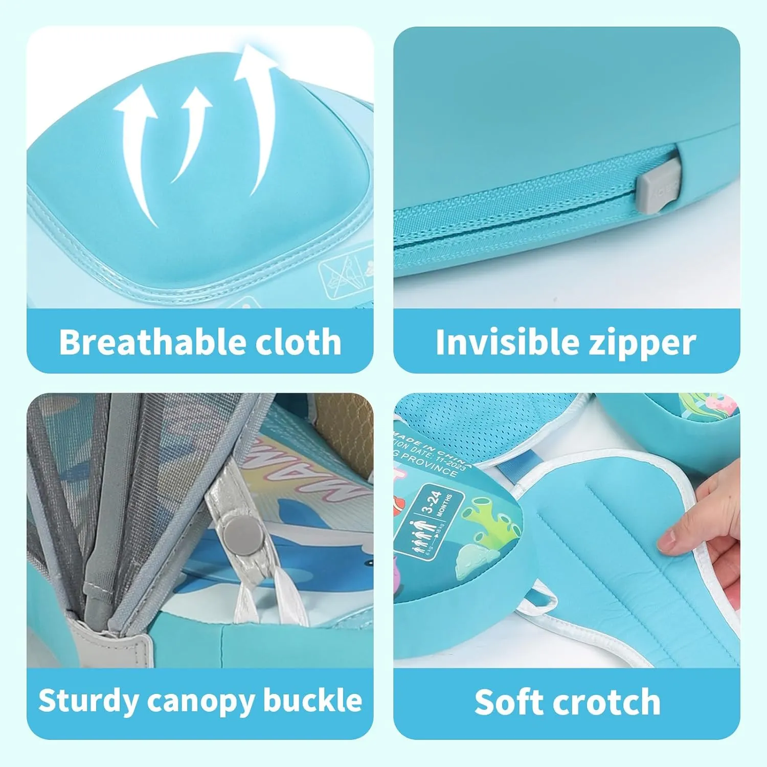 Mambobaby Float with Canopy & Portable Backpack Skin-friendly Baby Swim Float with Tail Waterproof Non-Inflatable Mambo Float Smart Swim Trainer Soft Solid Infant Pool Float 3-24 months Baby Swim Ring
