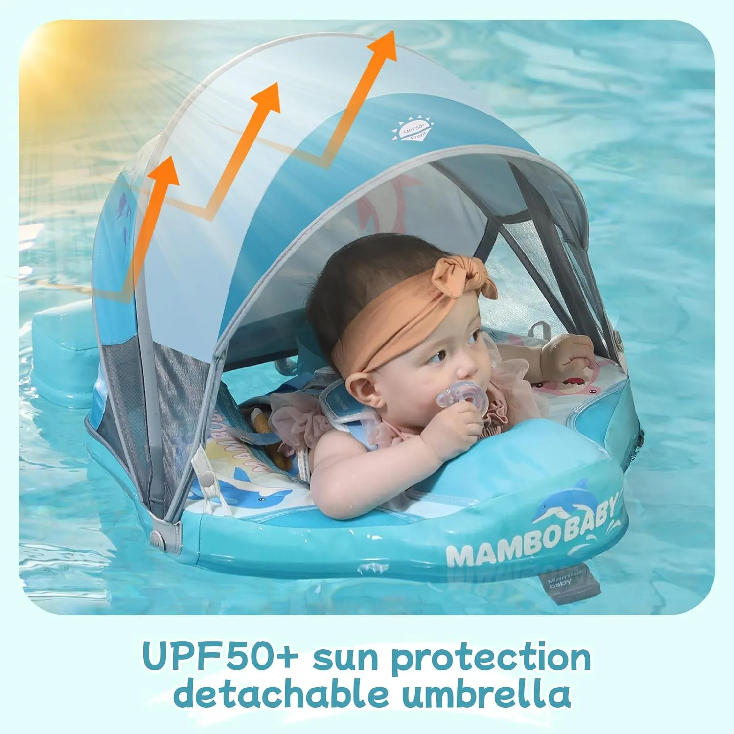 Mambobaby Float with Canopy & Portable Backpack Skin-friendly Baby Swim Float with Tail Waterproof Non-Inflatable Mambo Float Smart Swim Trainer Soft Solid Infant Pool Float 3-24 months Baby Swim Ring