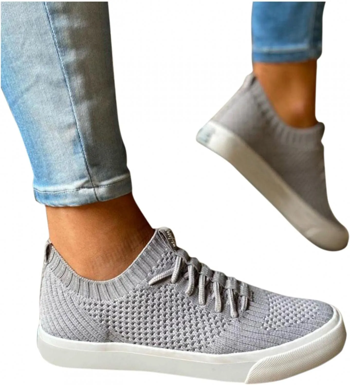 Masbird Sneakers for Women Walking Shoes Breathable Autumn Retro Knitted Loafers Fashion Slip On Running Shoes Gray