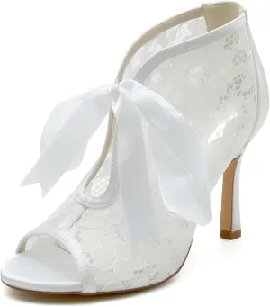 Minishion Womens Comfortable Wedding Sandals Lace Bridal Formal Party Booties with Ribbon BR095