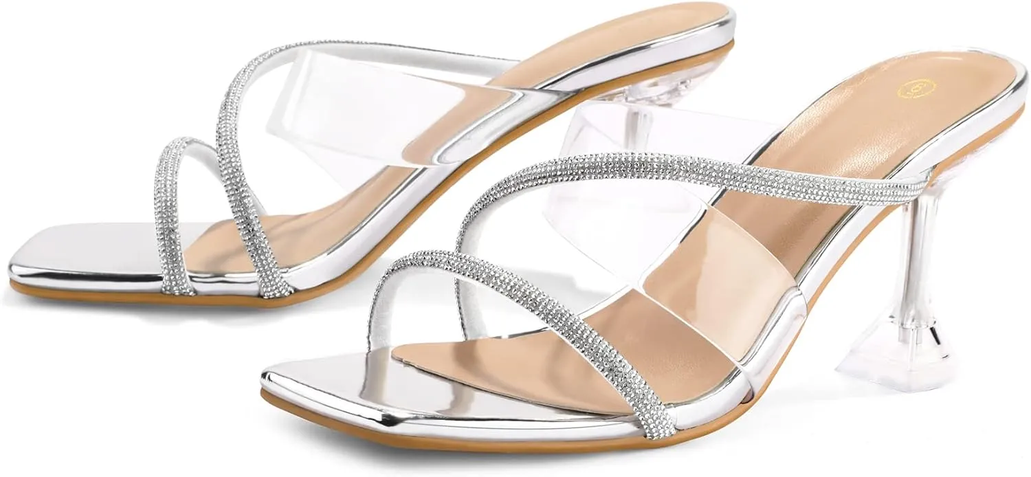 mysoft Women's Clear Heeled Sandals Square Toe Transparent Stiletto Mules Open Toe Slip on Dress Shoes