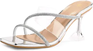 mysoft Women's Clear Heeled Sandals Square Toe Transparent Stiletto Mules Open Toe Slip on Dress Shoes
