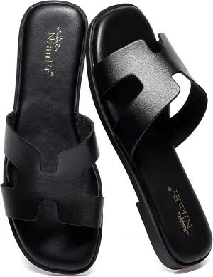 NianEr Womens Microfiber Leather Comfort Foam Rhinestone Glitter Sparkly Dress Flip Flop Sandals Summer Cute Flat Slides