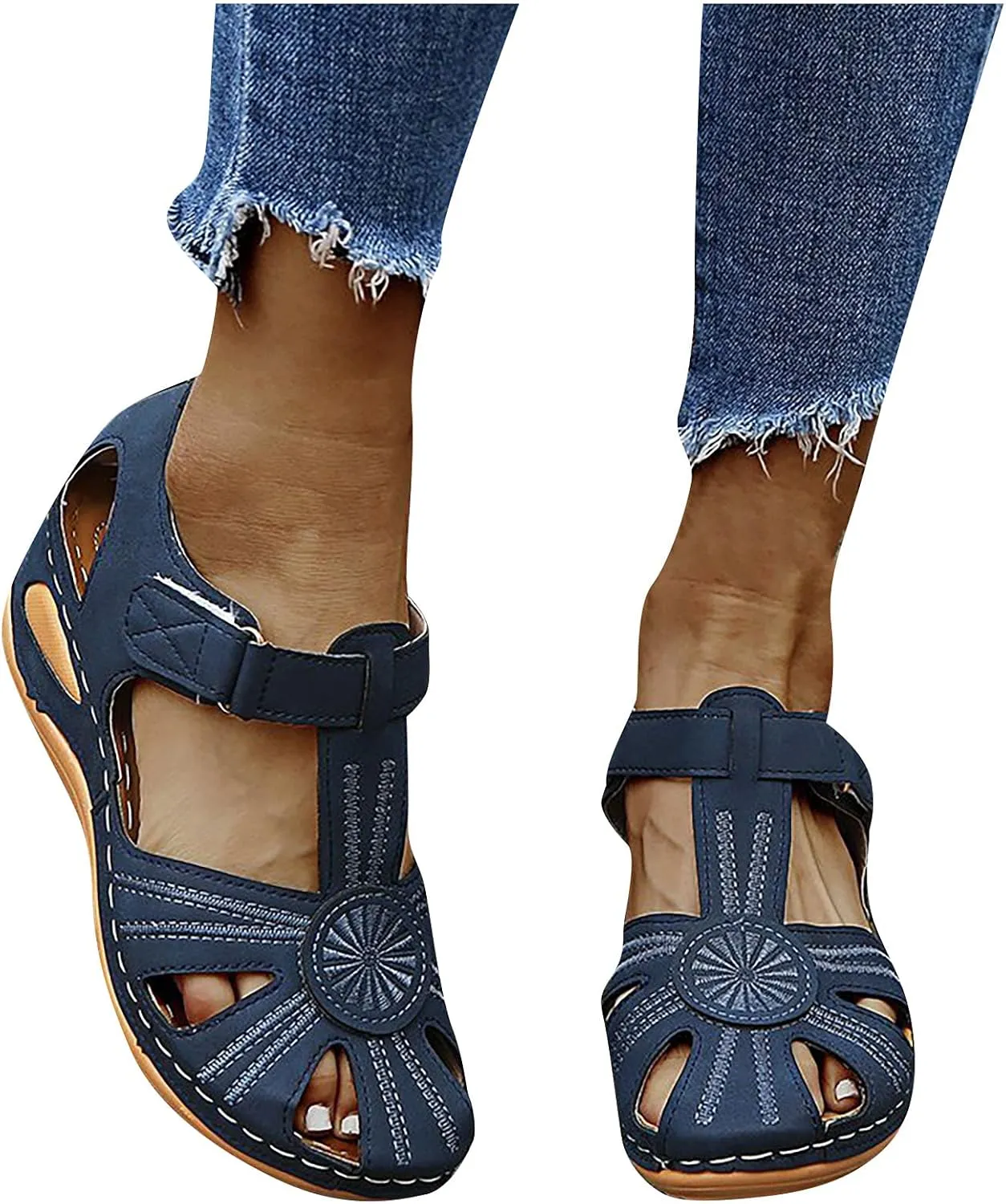 oiangi Hook and Loop Sandals for Women Wedge Hollow Closed Toe Summer Solid Color Flowers Beach Shoes Comfortable Casual Ladies Outdoor Slides Sandalias