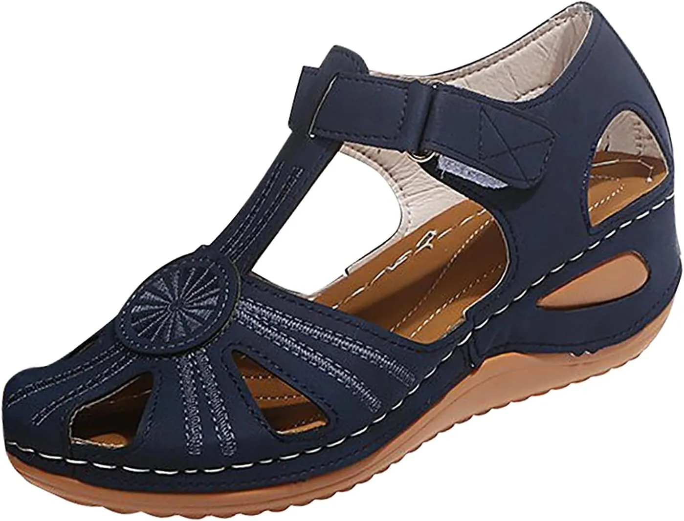 oiangi Hook and Loop Sandals for Women Wedge Hollow Closed Toe Summer Solid Color Flowers Beach Shoes Comfortable Casual Ladies Outdoor Slides Sandalias