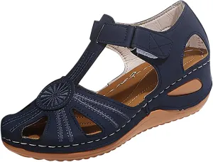 oiangi Hook and Loop Sandals for Women Wedge Hollow Closed Toe Summer Solid Color Flowers Beach Shoes Comfortable Casual Ladies Outdoor Slides Sandalias