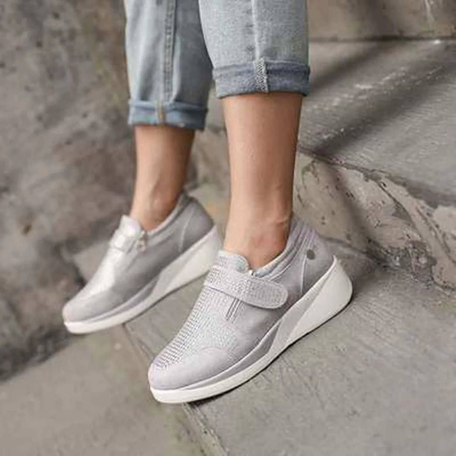 oiangi Rhinestone Sneakers for Women,Fashion Suede Side Zipper Comfortable Breathable Wedge Sport Shoes Outdoor Lightweight Casual Walking Shoes