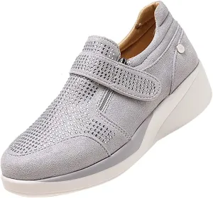 oiangi Rhinestone Sneakers for Women,Fashion Suede Side Zipper Comfortable Breathable Wedge Sport Shoes Outdoor Lightweight Casual Walking Shoes