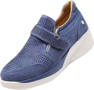 oiangi Rhinestone Sneakers for Women,Fashion Suede Side Zipper Comfortable Breathable Wedge Sport Shoes Outdoor Lightweight Casual Walking Shoes