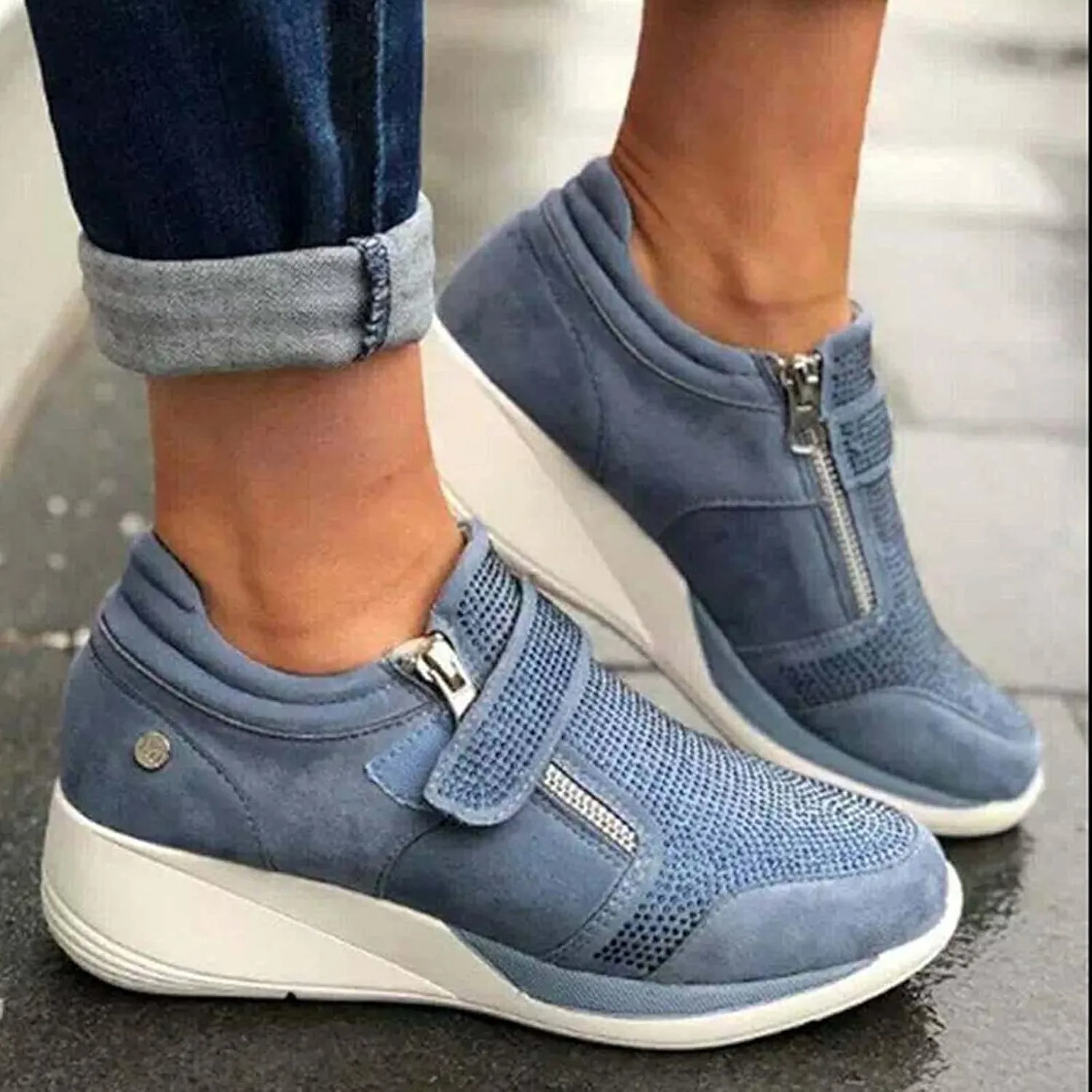 oiangi Rhinestone Sneakers for Women,Fashion Suede Side Zipper Comfortable Breathable Wedge Sport Shoes Outdoor Lightweight Casual Walking Shoes