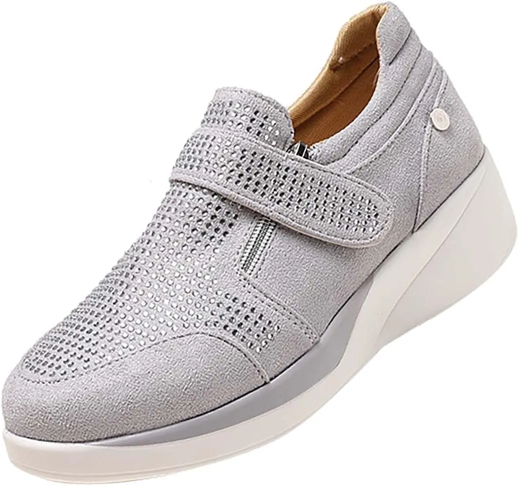 oiangi Rhinestone Sneakers for Women,Fashion Suede Side Zipper Comfortable Breathable Wedge Sport Shoes Outdoor Lightweight Casual Walking Shoes