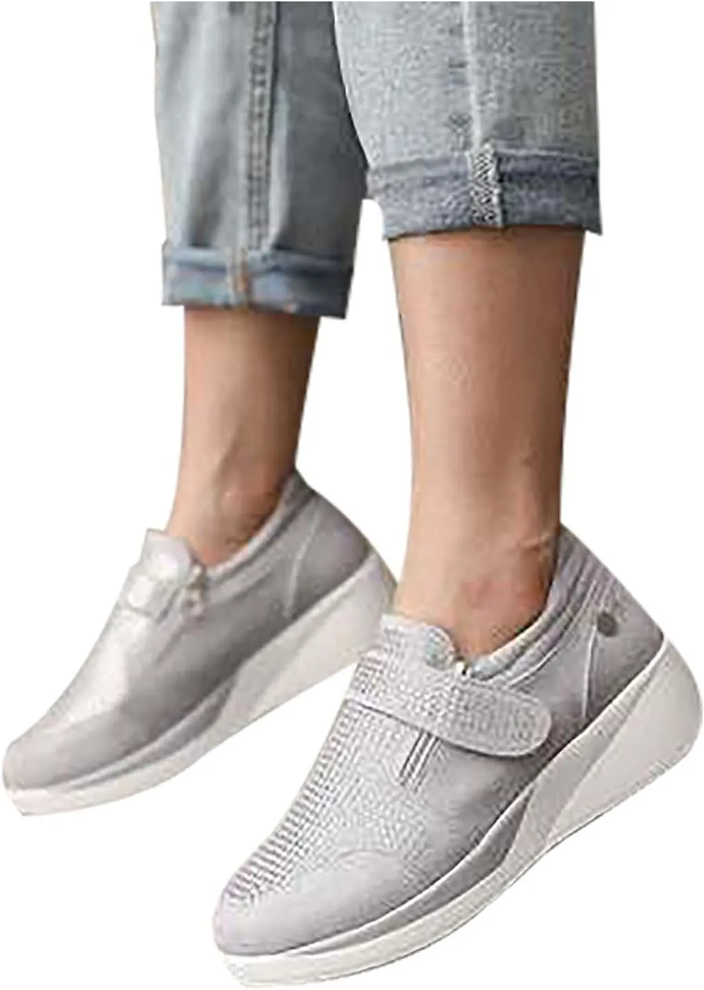 oiangi Rhinestone Sneakers for Women,Fashion Suede Side Zipper Comfortable Breathable Wedge Sport Shoes Outdoor Lightweight Casual Walking Shoes