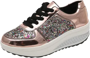 oiangi Sequined Sneakers for Women Fashion Casual Running Walking Gym Sport Shoes Comfortable Lace-up Platform Tennis Shoes