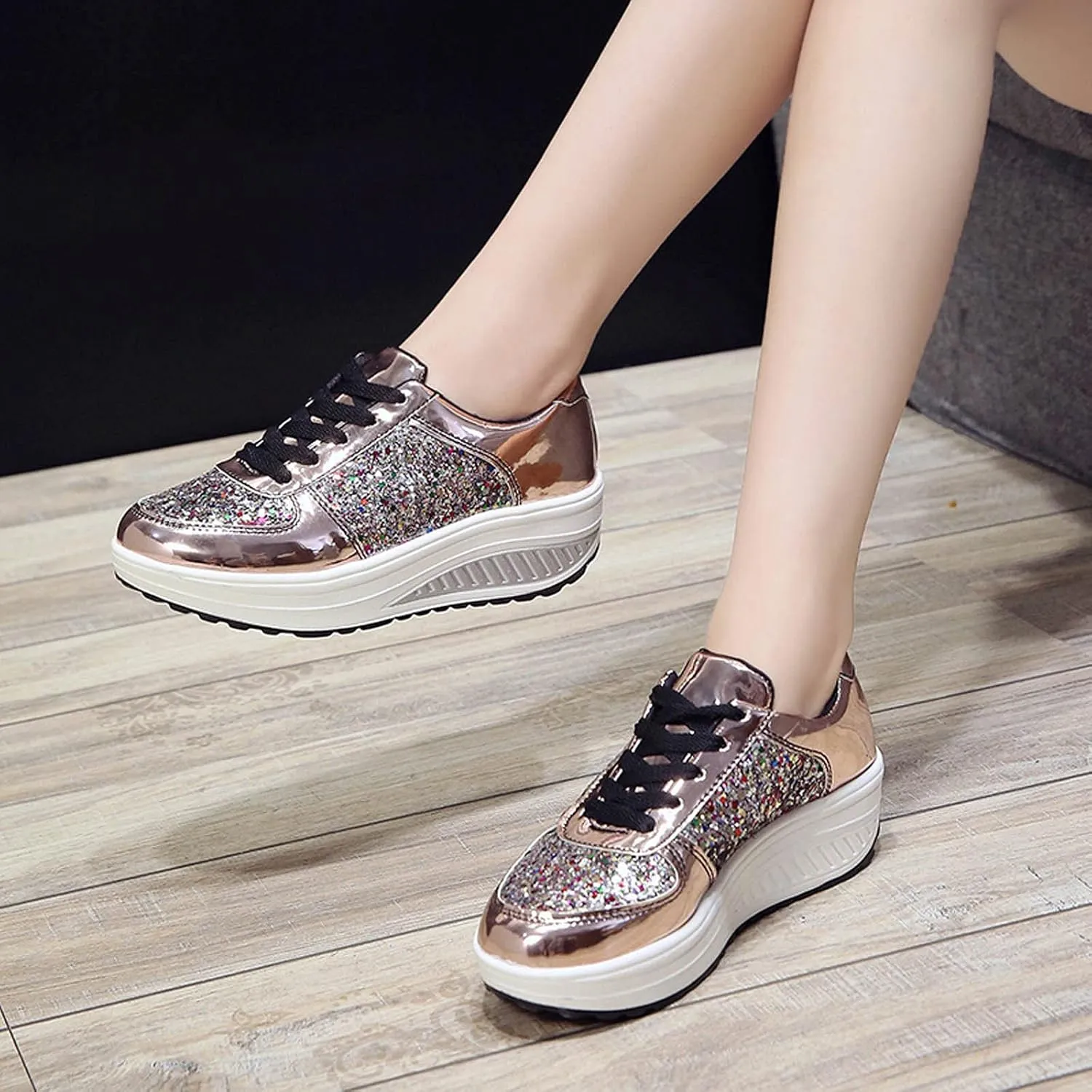 oiangi Sequined Sneakers for Women Fashion Casual Running Walking Gym Sport Shoes Comfortable Lace-up Platform Tennis Shoes
