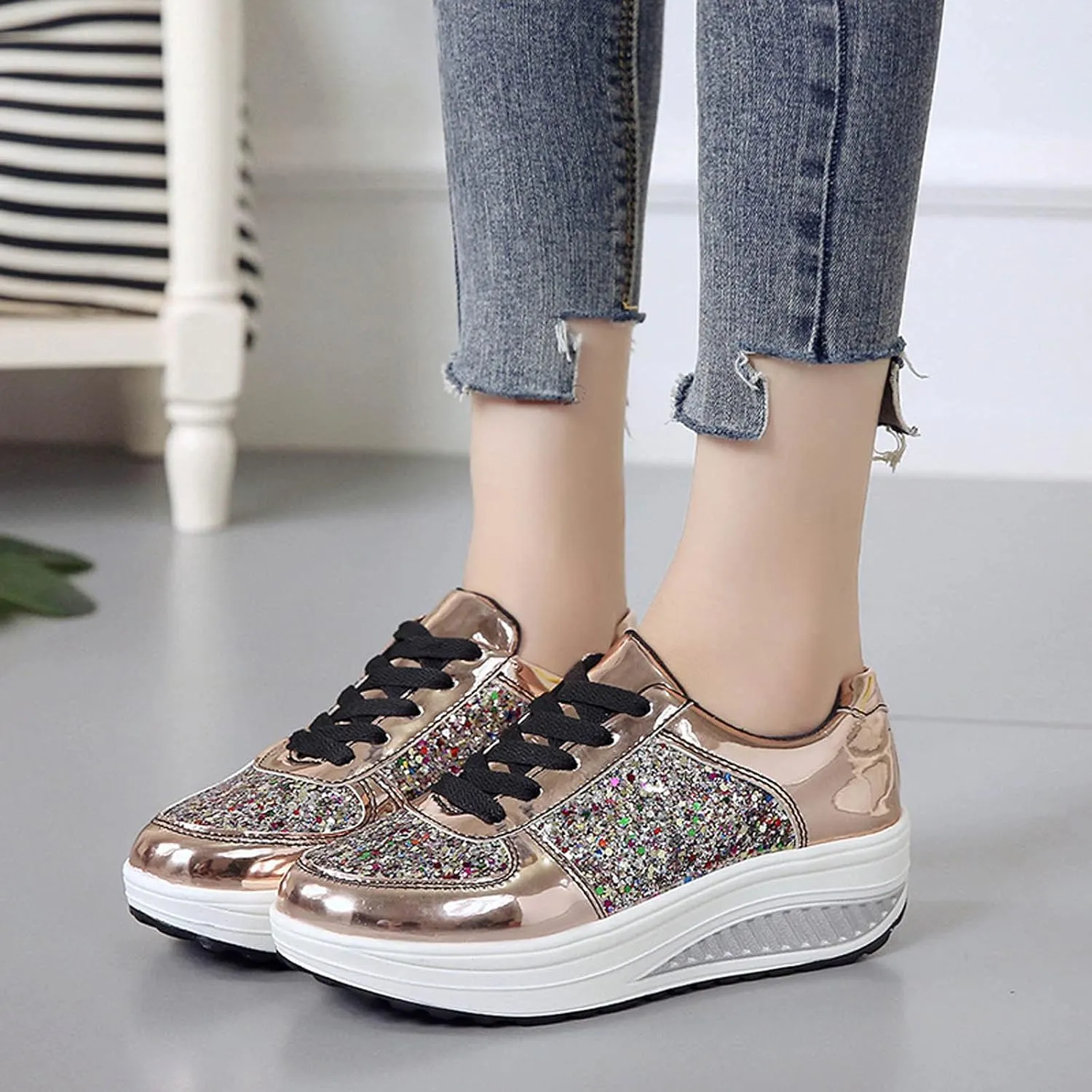 oiangi Sequined Sneakers for Women Fashion Casual Running Walking Gym Sport Shoes Comfortable Lace-up Platform Tennis Shoes