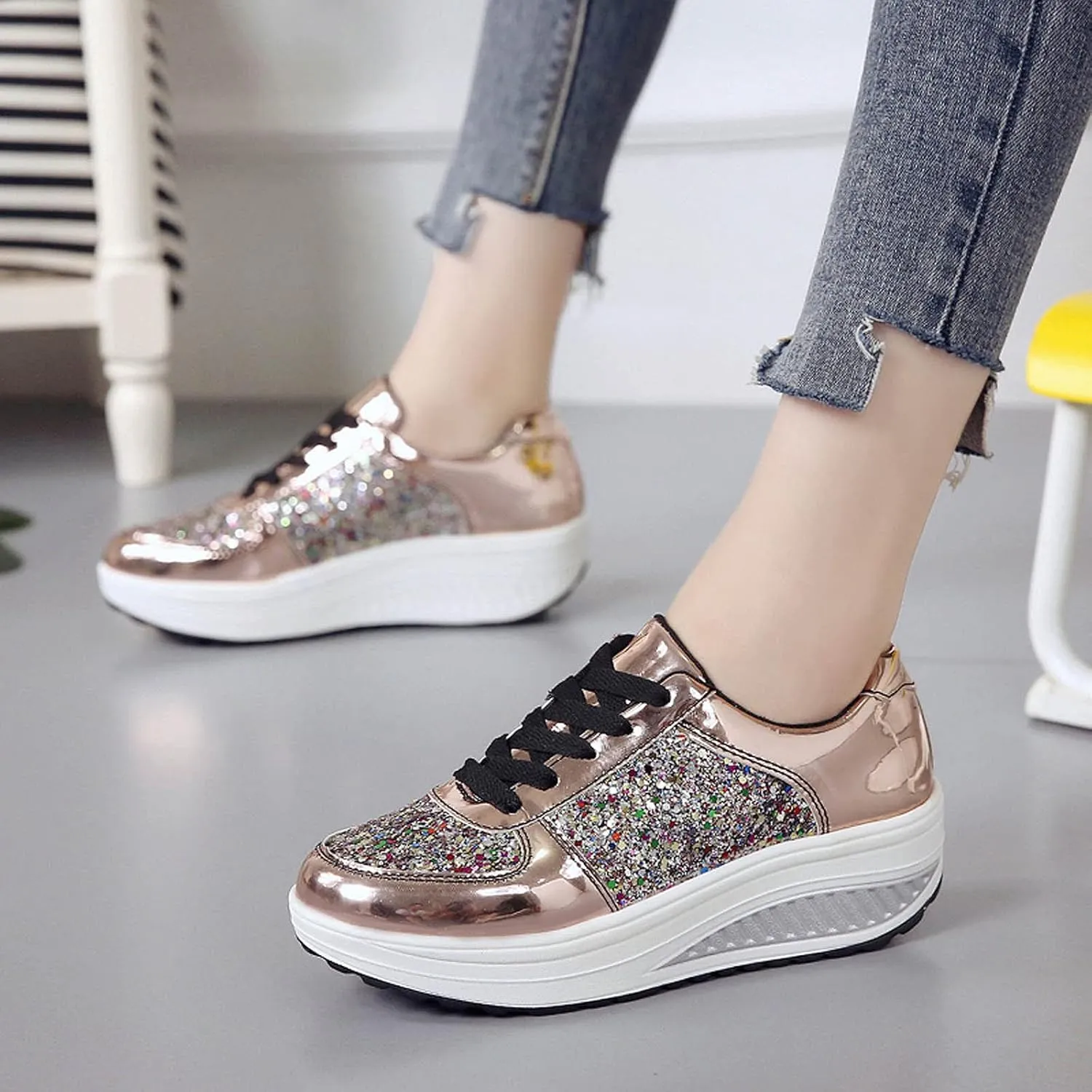 oiangi Sequined Sneakers for Women Fashion Casual Running Walking Gym Sport Shoes Comfortable Lace-up Platform Tennis Shoes