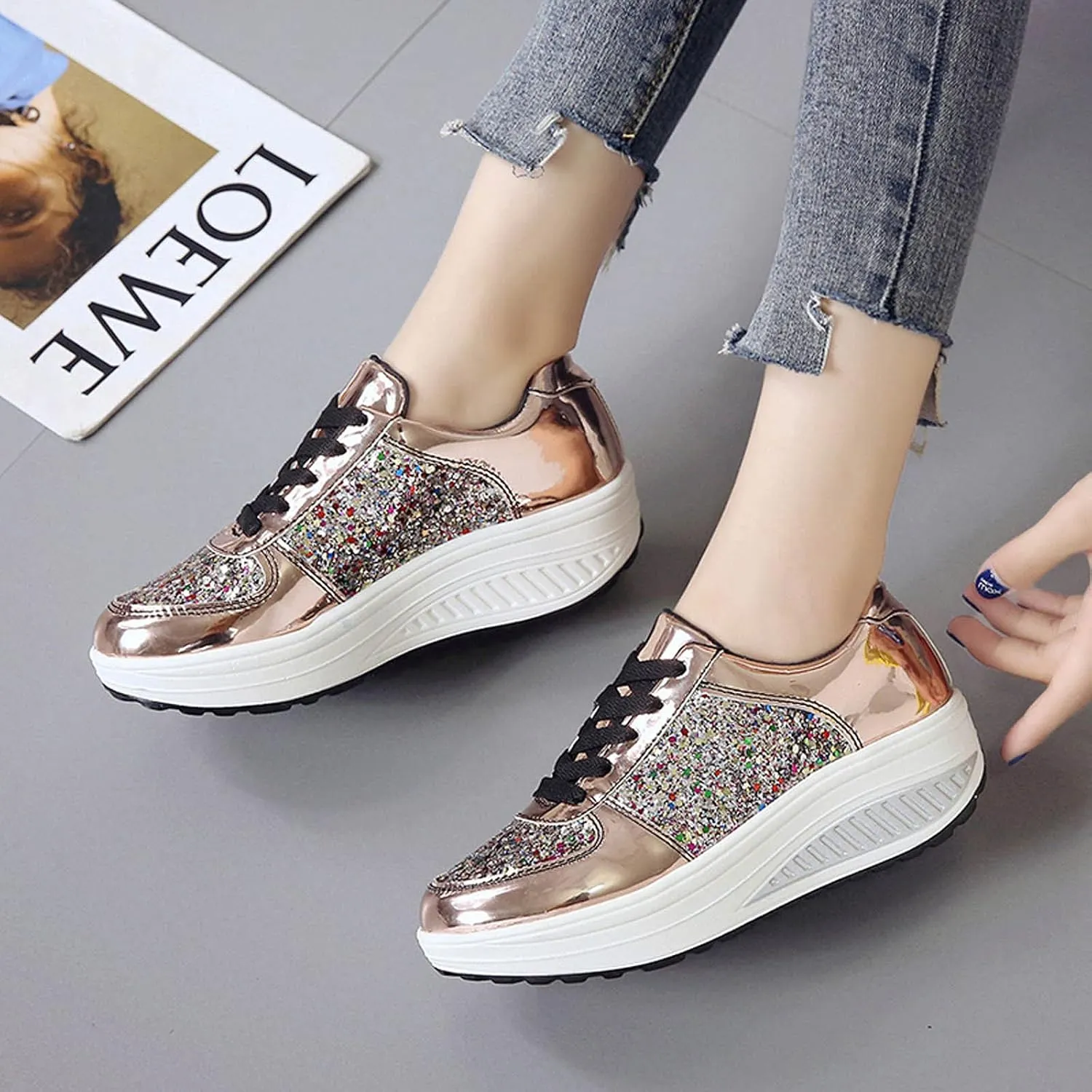 oiangi Sequined Sneakers for Women Fashion Casual Running Walking Gym Sport Shoes Comfortable Lace-up Platform Tennis Shoes