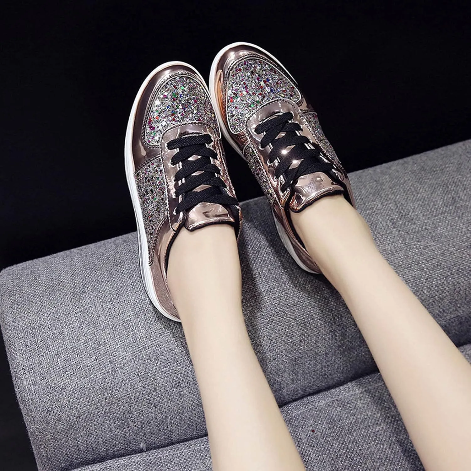 oiangi Sequined Sneakers for Women Fashion Casual Running Walking Gym Sport Shoes Comfortable Lace-up Platform Tennis Shoes