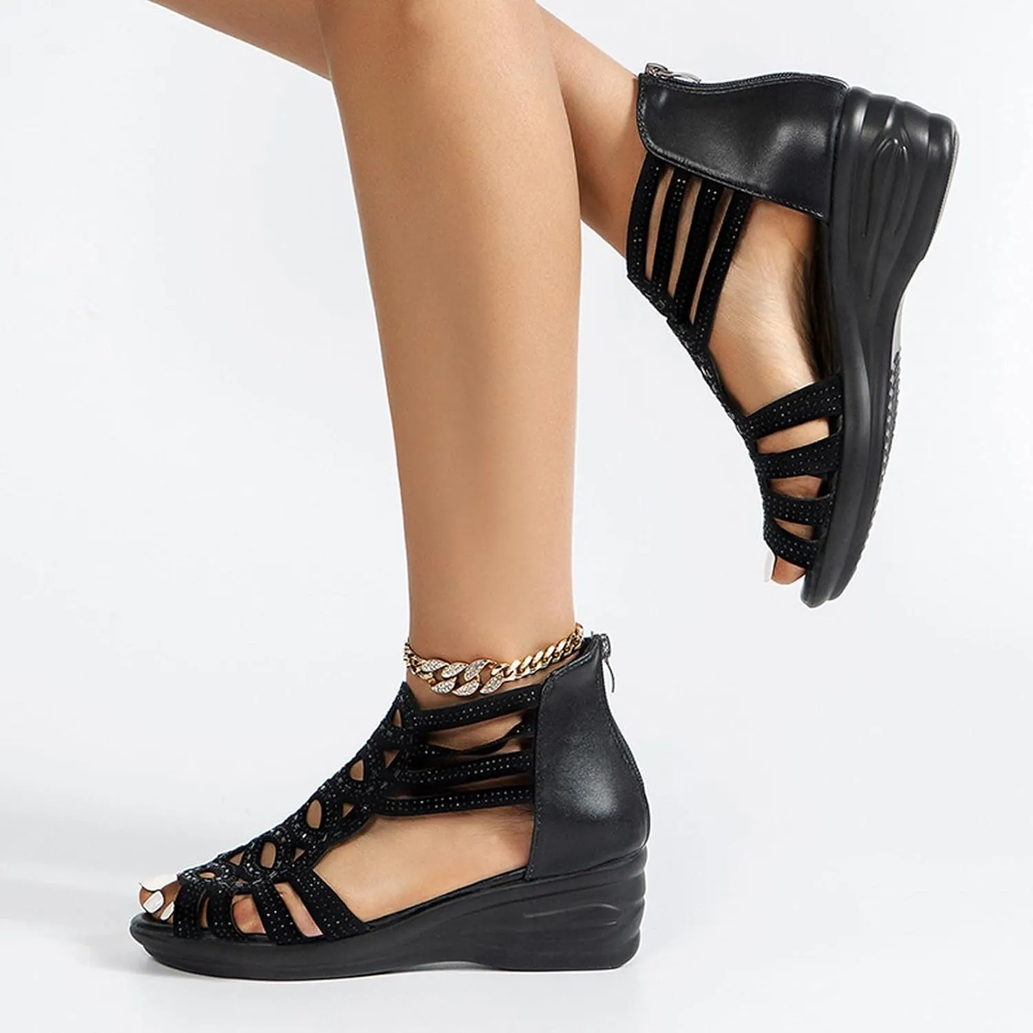 oiangi Wedge Sandals for Women Platform Rhinestones Hollow Out Fish Mouth Open Toe Back Zipper Sandals Summer Casual Comfortable Outdoor Ladies Shoes