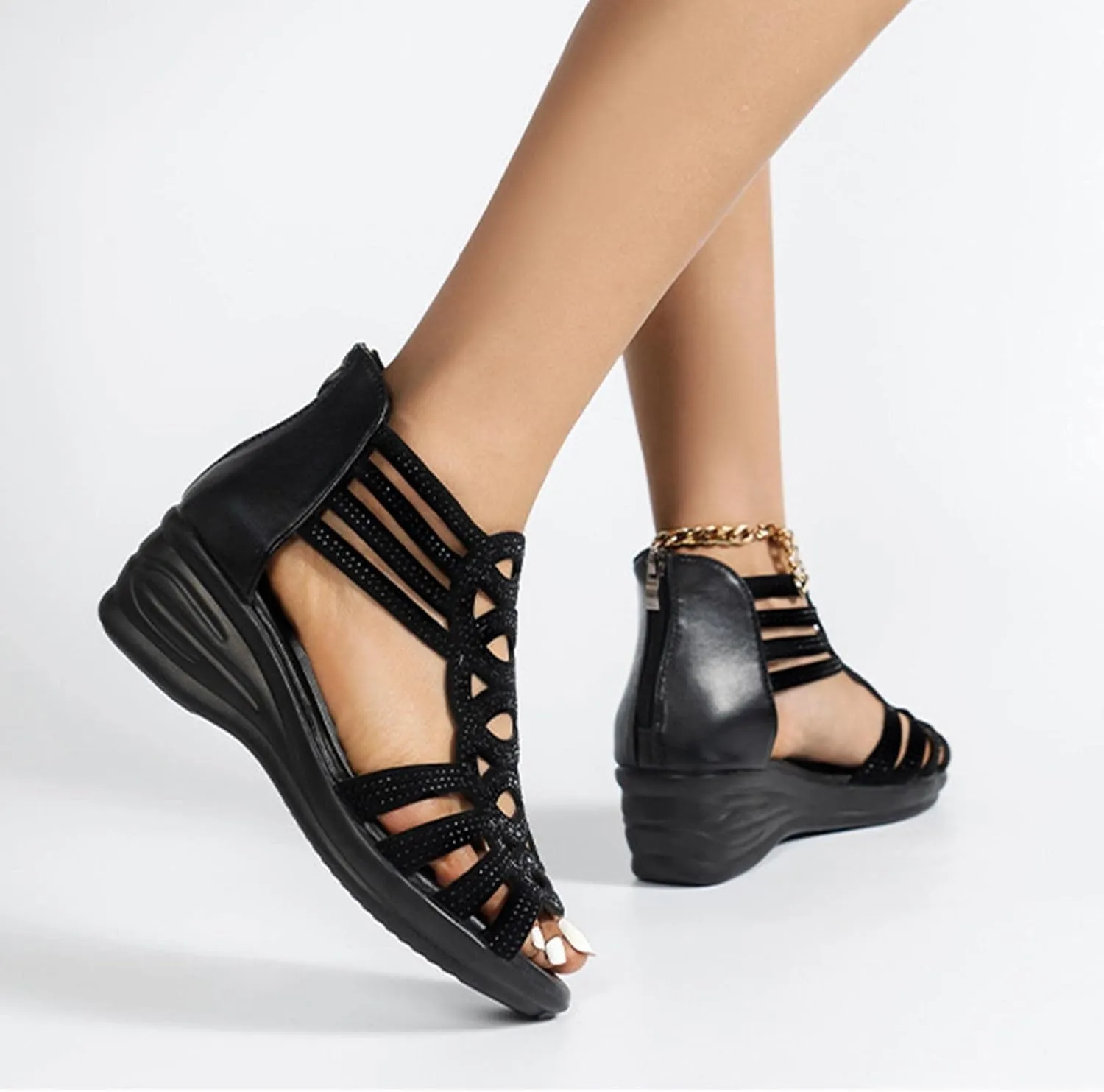 oiangi Wedge Sandals for Women Platform Rhinestones Hollow Out Fish Mouth Open Toe Back Zipper Sandals Summer Casual Comfortable Outdoor Ladies Shoes