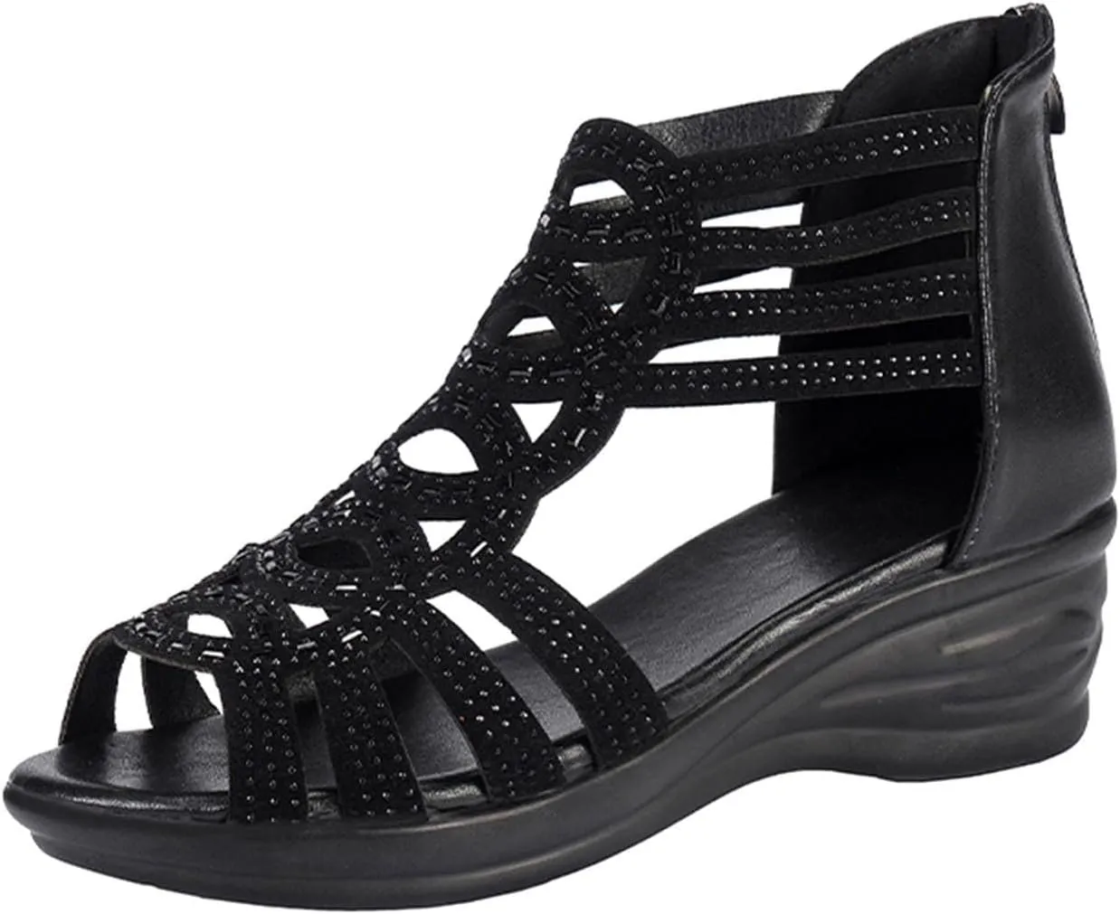 oiangi Wedge Sandals for Women Platform Rhinestones Hollow Out Fish Mouth Open Toe Back Zipper Sandals Summer Casual Comfortable Outdoor Ladies Shoes