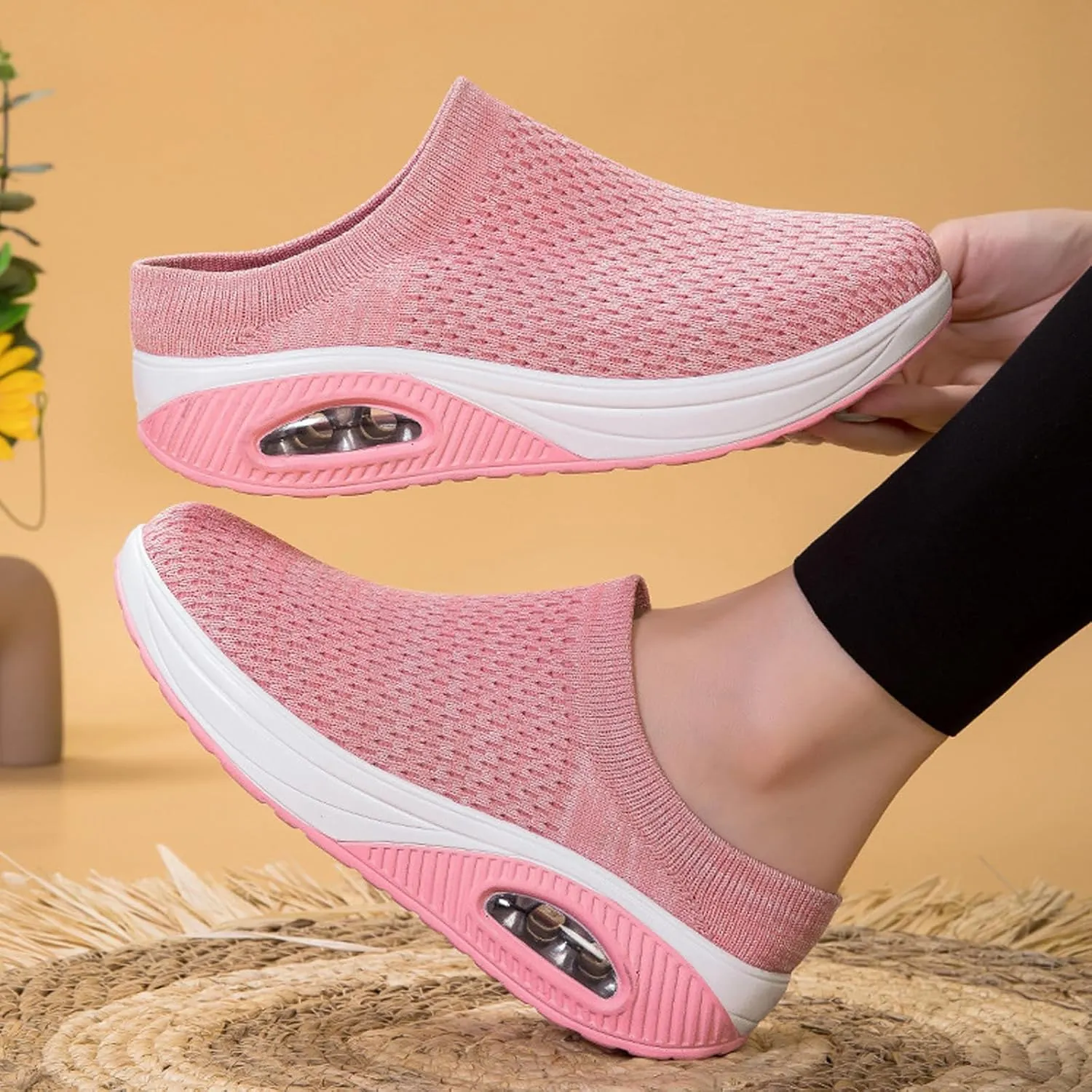 Orthopedic Mule Clogs for Women Stretch Knitted Platform Closed Round Toe Comfortable Breathable Air Cushion Walking Sliipers Open Back Wedge Heel Casual Mules Sneaker with Arch Support