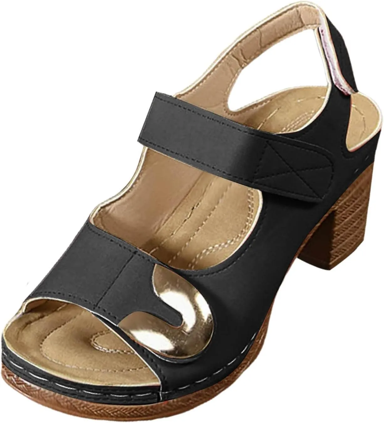 Orthopedic Sandals for Women Casual Chunky Heeled Sandals Peep Toe Slip On Cutout Sandal Hook and Loop Lightweight Walking Footwear Comfortable Dressy Wedge Sandal