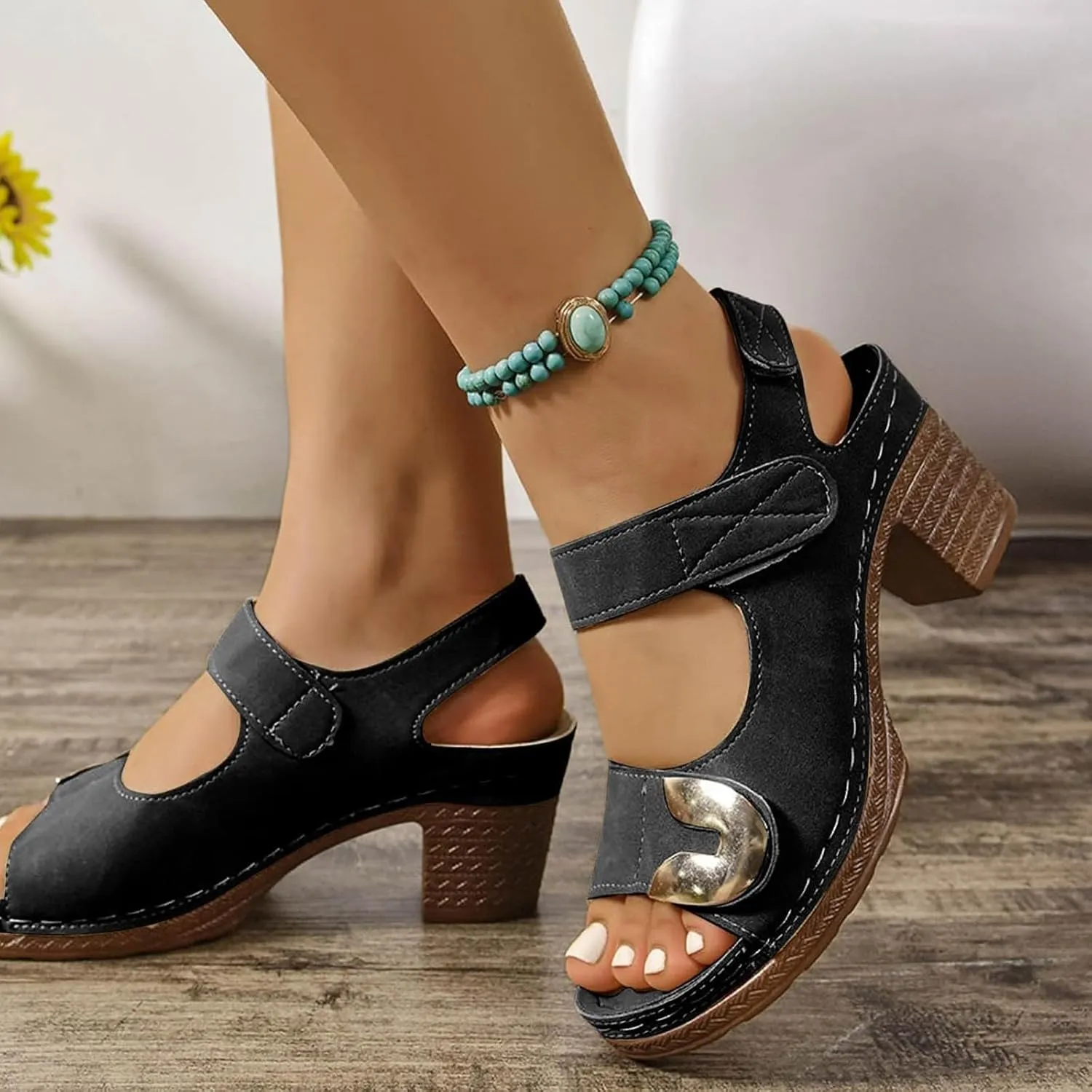 Orthopedic Sandals for Women Casual Chunky Heeled Sandals Peep Toe Slip On Cutout Sandal Hook and Loop Lightweight Walking Footwear Comfortable Dressy Wedge Sandal