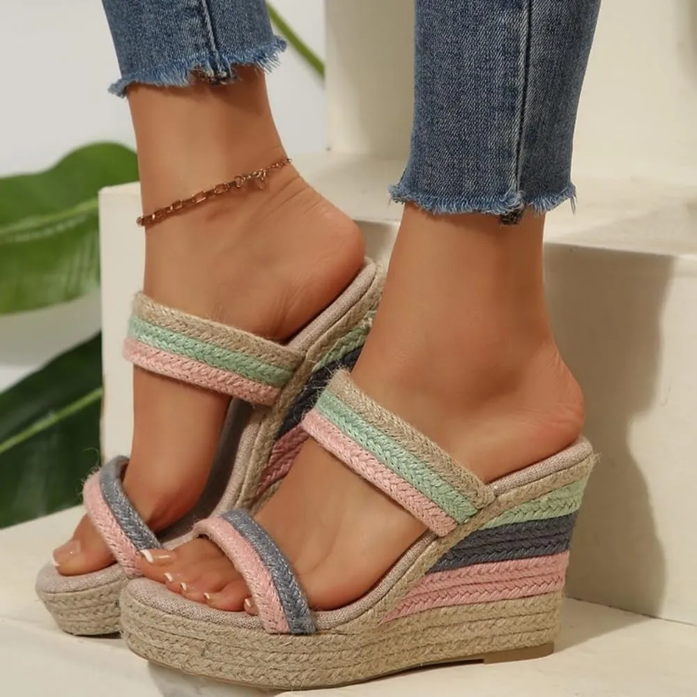 Rattan Sandals Raffia Wedge Espadrilles for Women Girls Platform Colorful Dress Shoes Slip on Casual House Slippers Lightweight Breathable Open Toes Casual Walking Slides Summer Beach Party Vacation